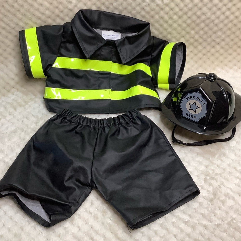 Build-A-Bear Firefighter Outfit Black Yellow Jacket Pants Hat 3 Pce Fireman Set
